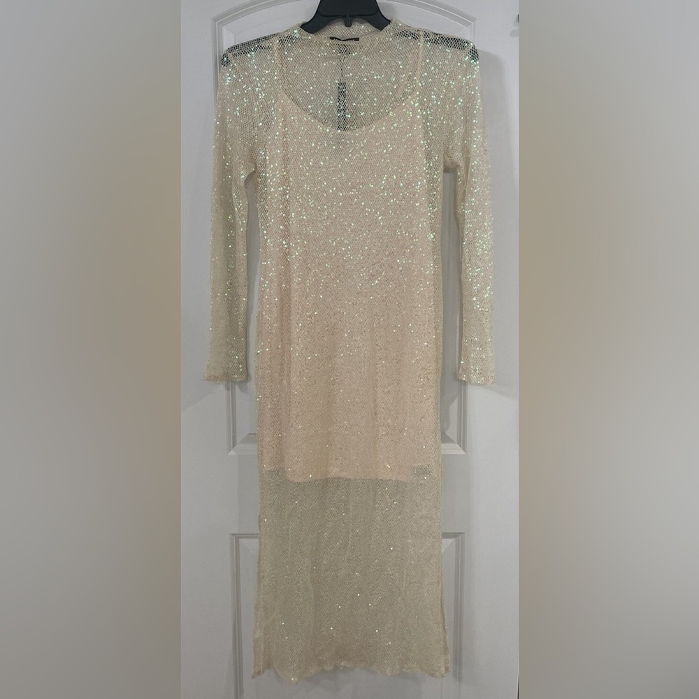 Steve Madden Sparkle Long Sleeve Sheer Maxi Dress in Ivory